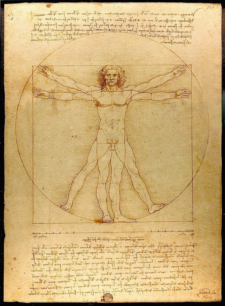Leonardo da Vinci, Vitruvian Man study with notes